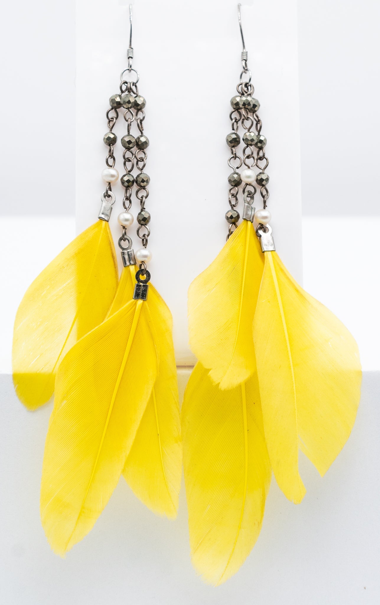 Canary Yellow Feather Pyrite and Pearl Earring