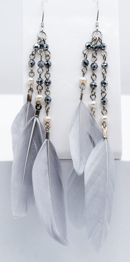 Soft Gray Feather Titanium and Pearl Earring