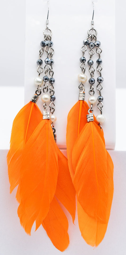 Bright Orange Feather Titanium and Pearl Earring