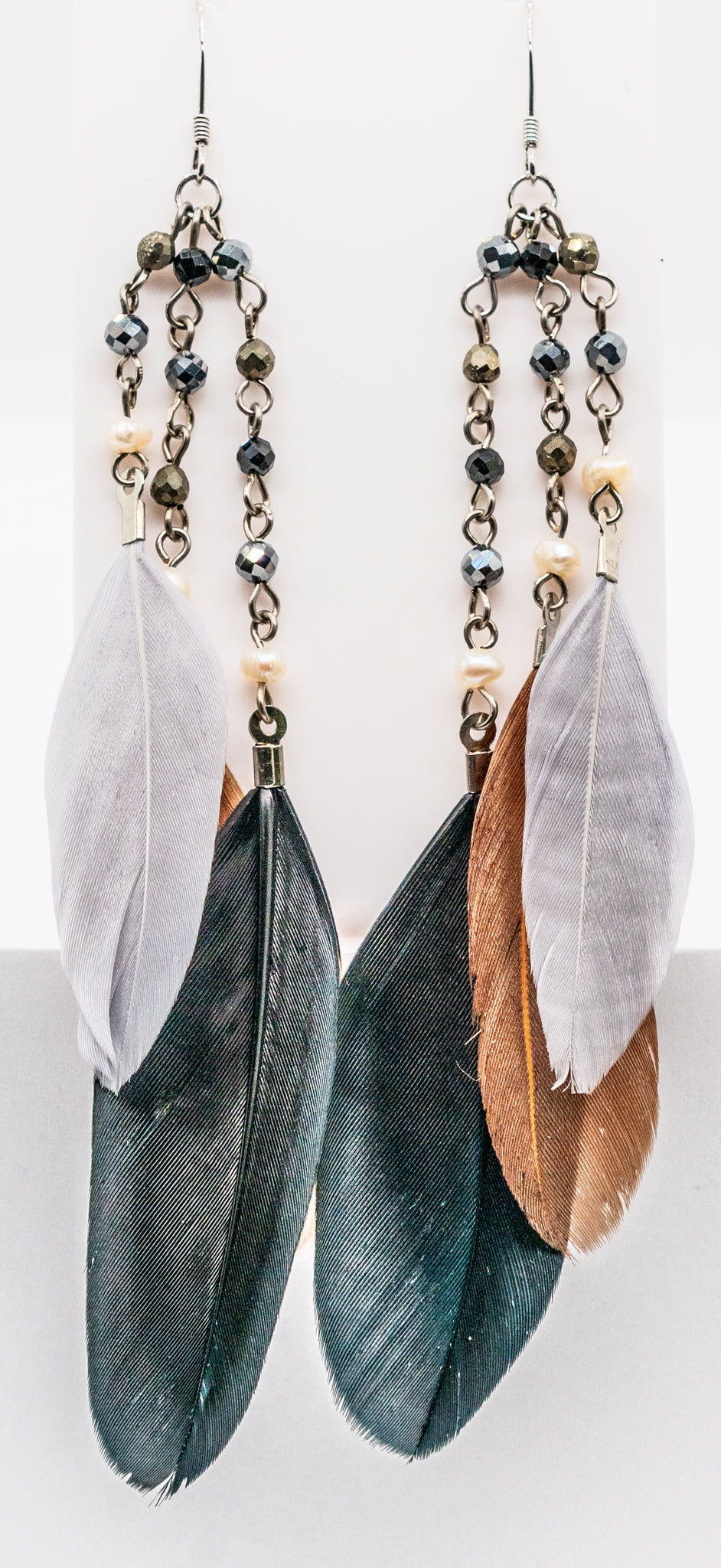 Black Brown Gray Feather Pyrite, Onyx and Pearl Earring