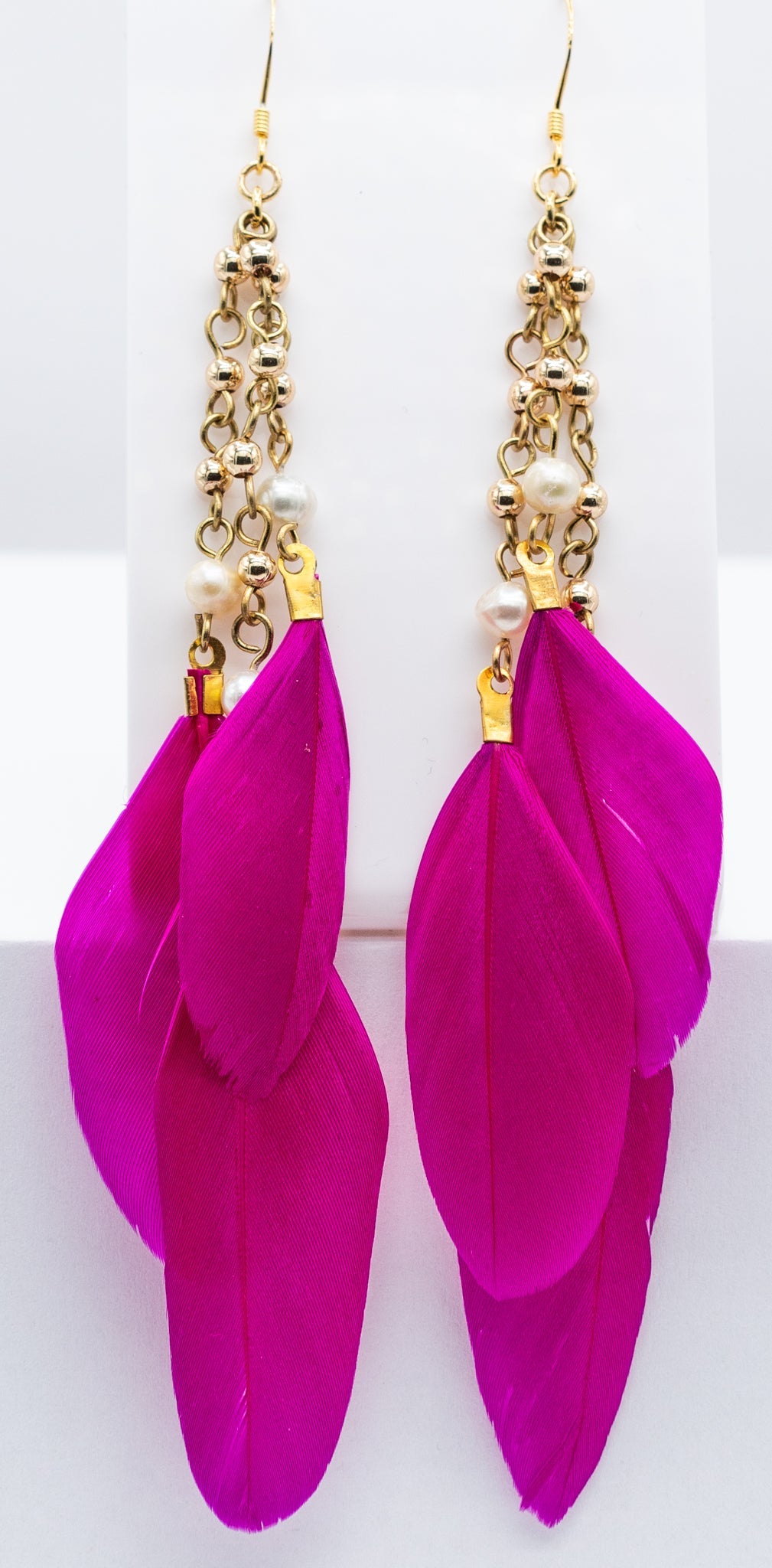 Hot Pink Feather White Gold-filled and Pearl Earring