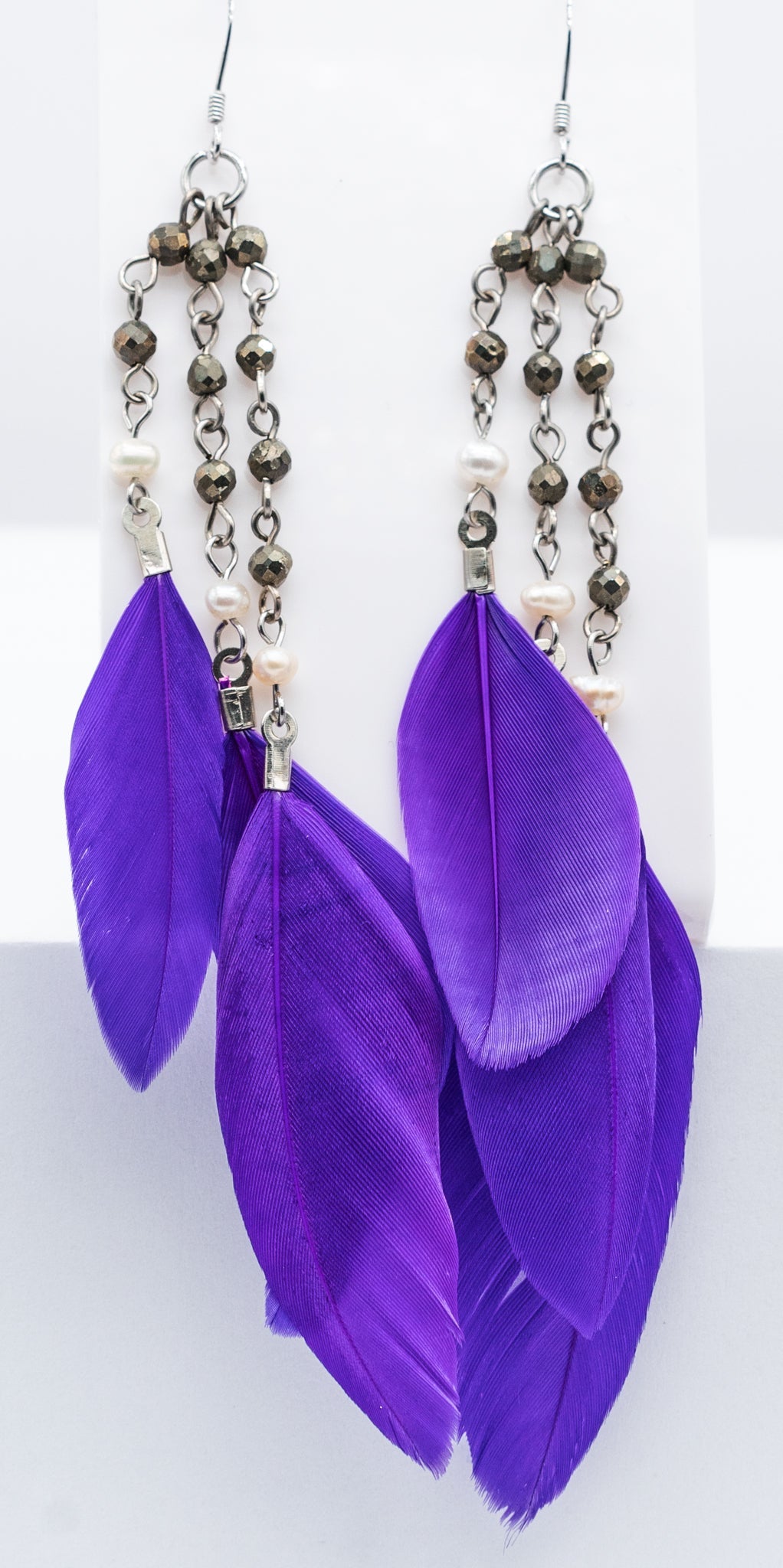 Bright Purple Feather Pyrite and Pearl Earring