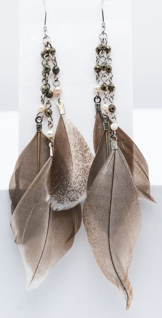 Cashmere Tan Feather Pyrite and Pearl Earring