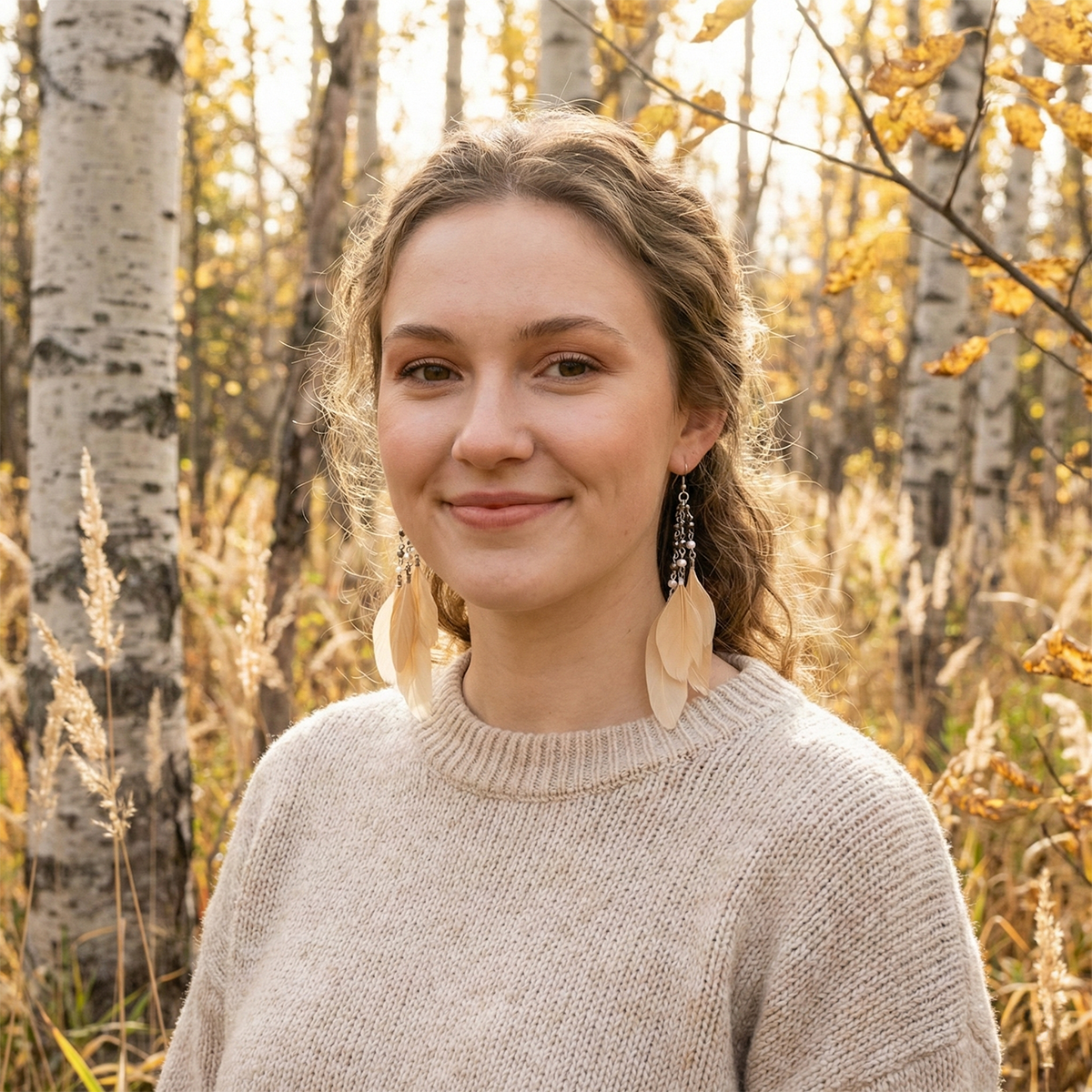 Woman standing in a forest with autumn foliage