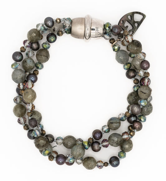 Labradorite Gray Pearl and Crystal Bracelet