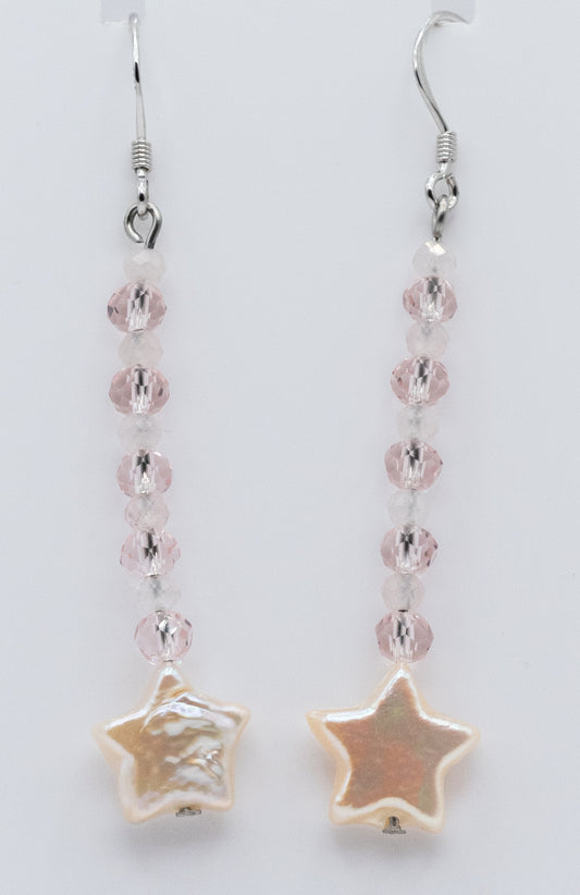 Pearl Star and Pink Crystal Dangle Earrings