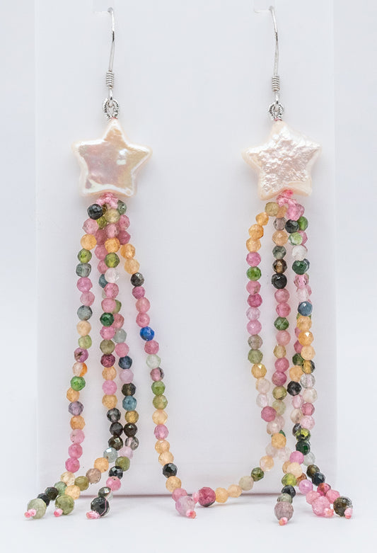 Pearl Star and Watermelon Tourmaline Earrings