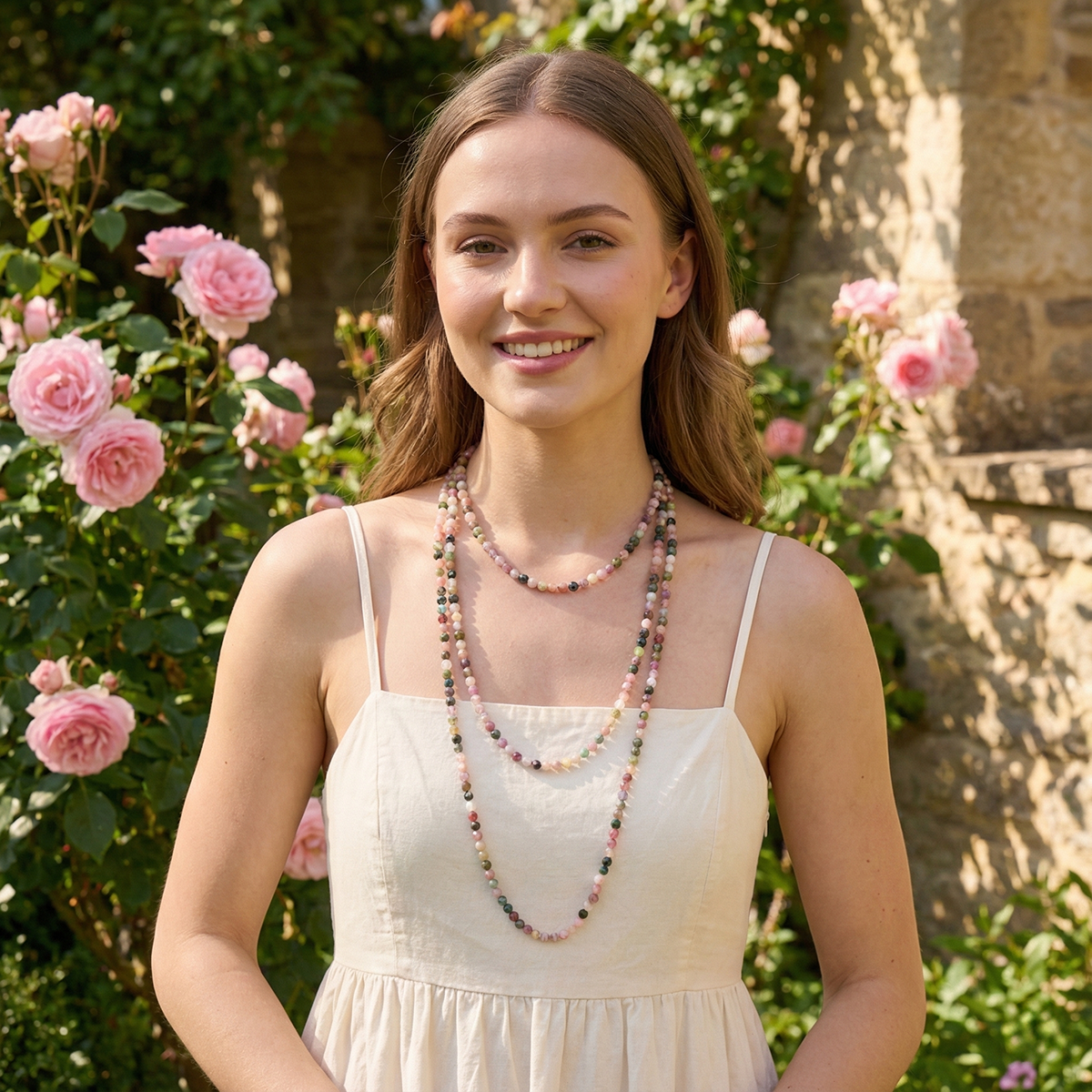 Woman wearing a necklace in front of pink roses and a stone wall
