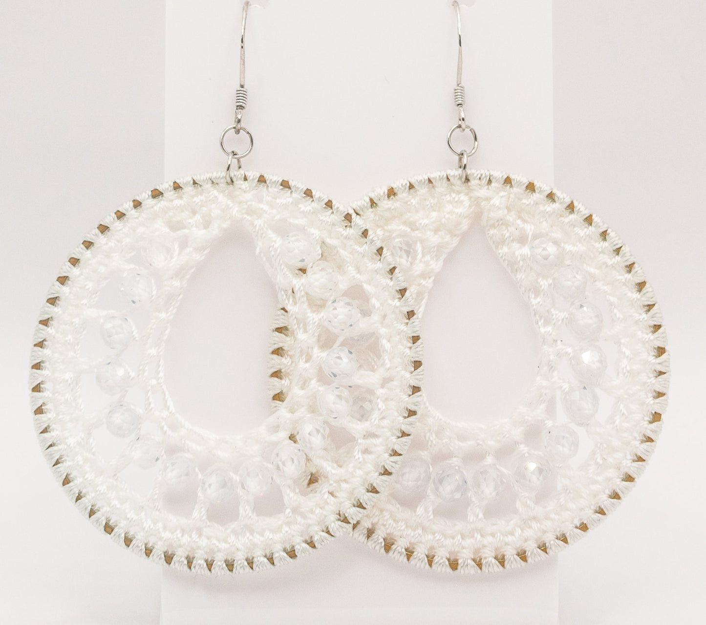 White Macrame and Clear Natural Crystal Gemstone Hoops