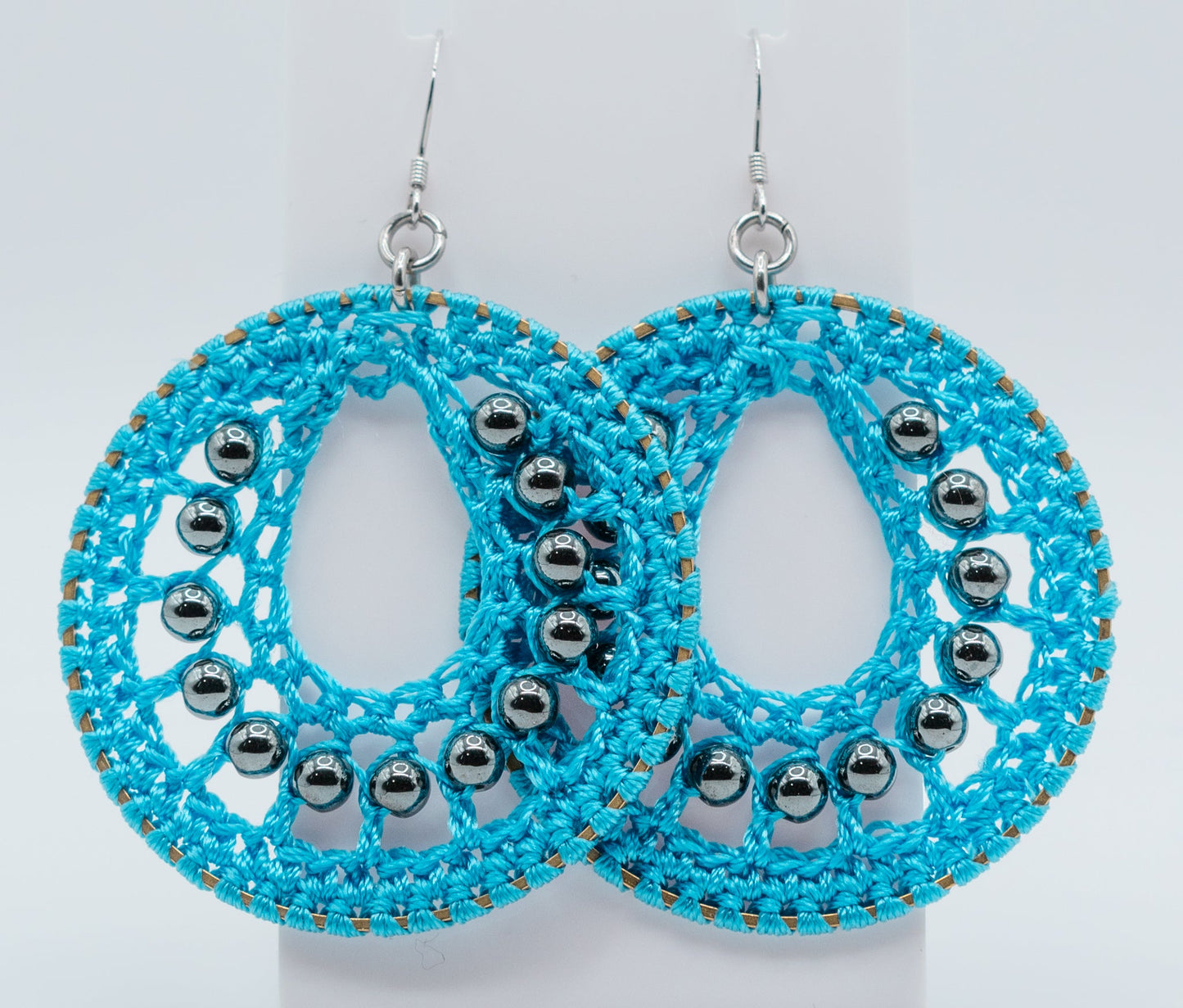 Blue Macrame and Hematite Gemstone Hoops