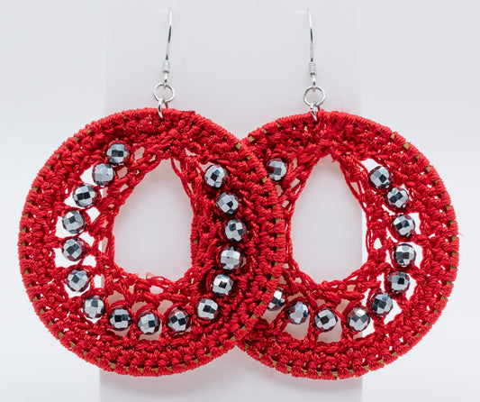 Red Macrame and Titanium Gemstone Hoops