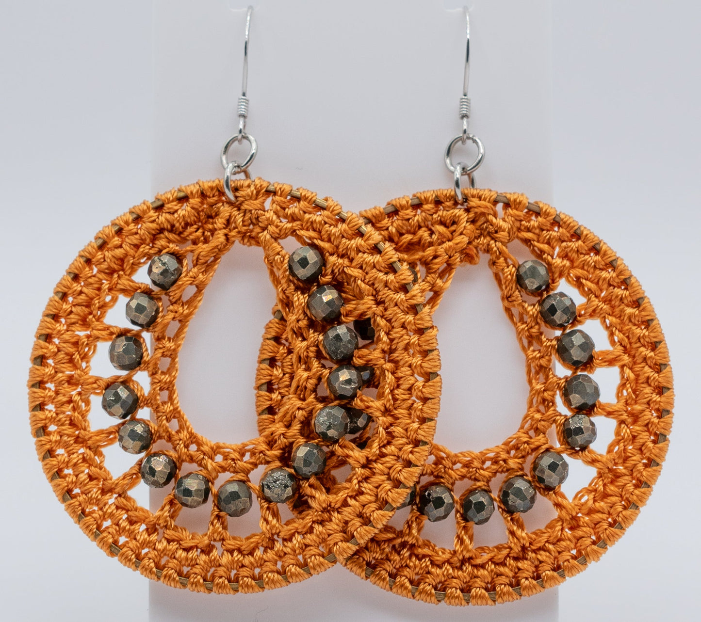 Burnt Orange Macrame and Pyrite Gemstone Hoops