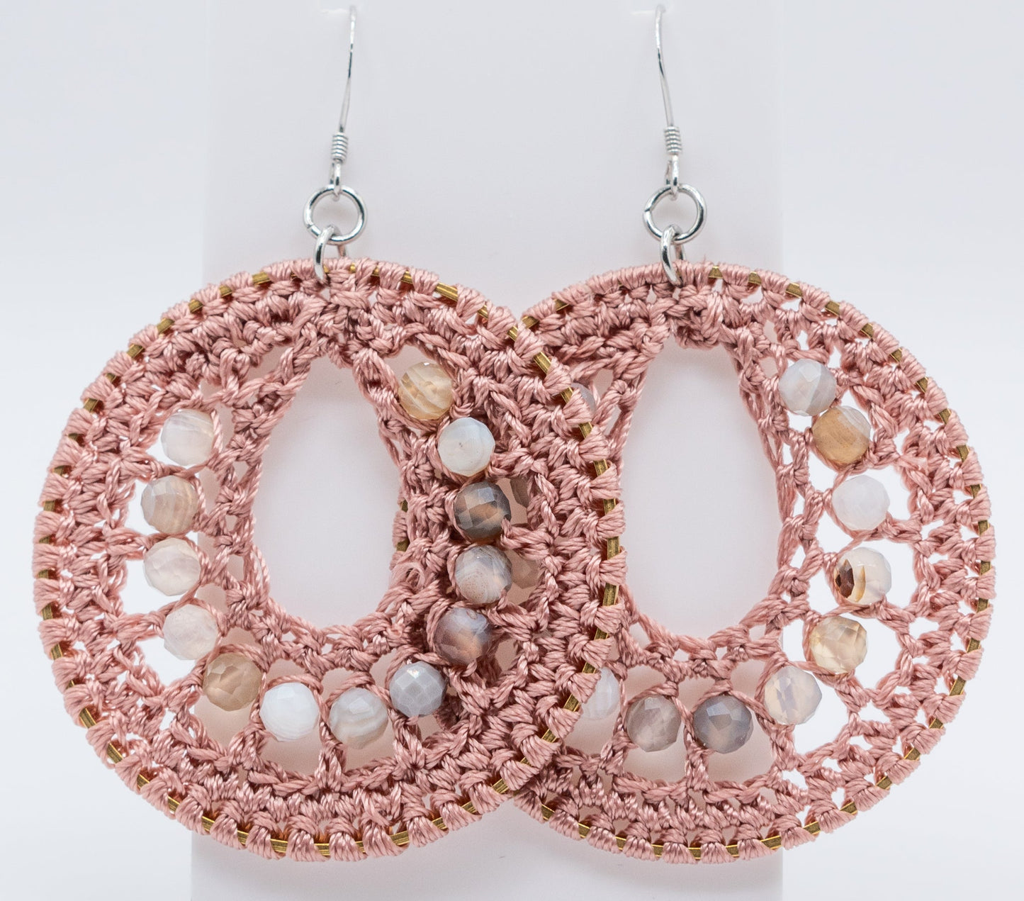 Dusty Rose  and Botswana Agate Macrame Gemstone Hoops