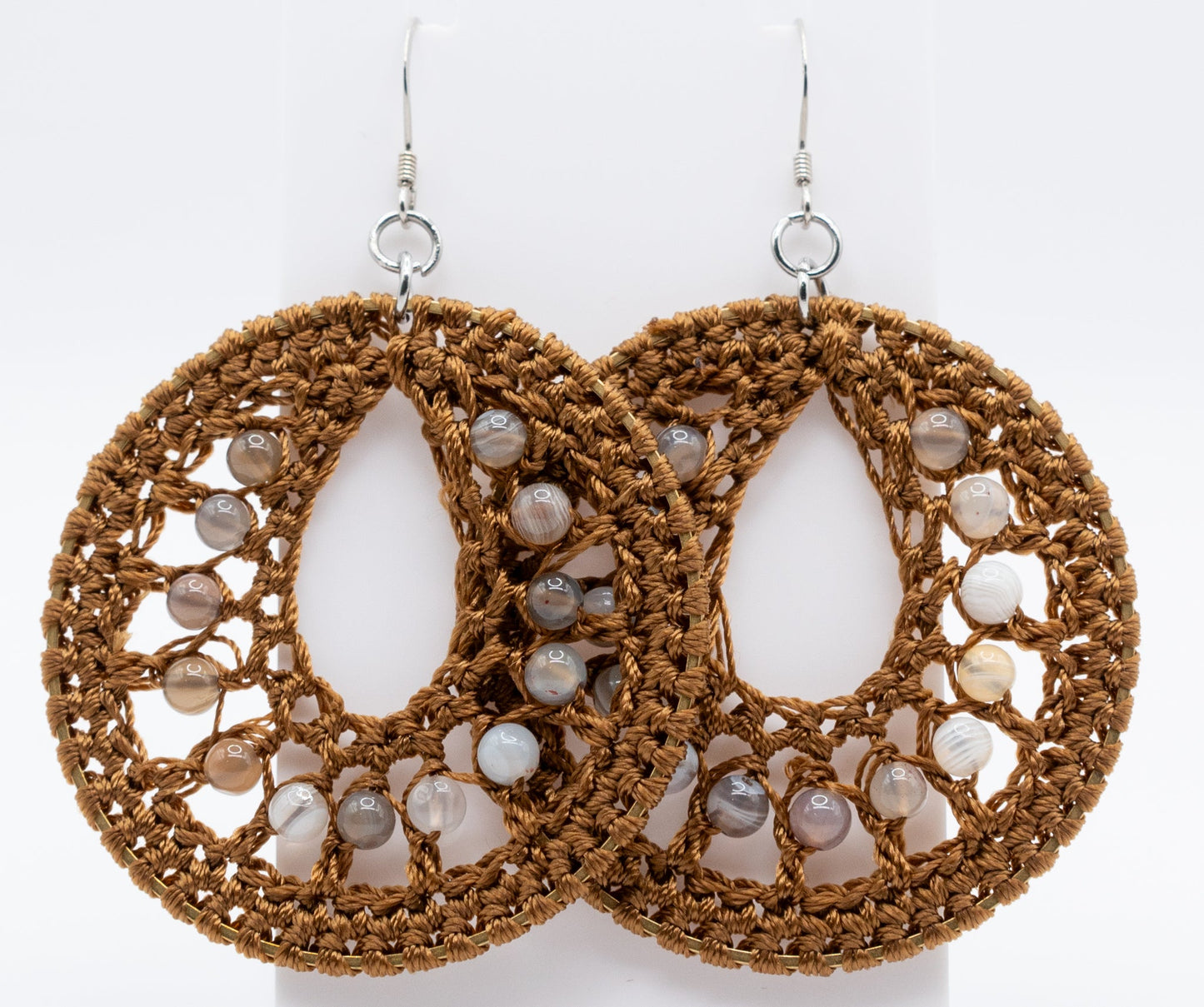 Brown Macrame and Botswana Gemstone Hoops