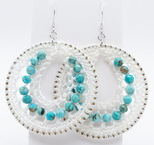 White Macrame and African Tourquoise Gemstone Hoops