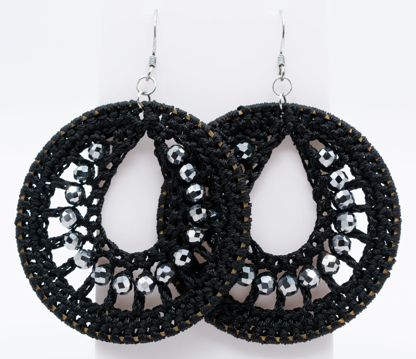 Black Macrame and Titanium Gemstone Hoops