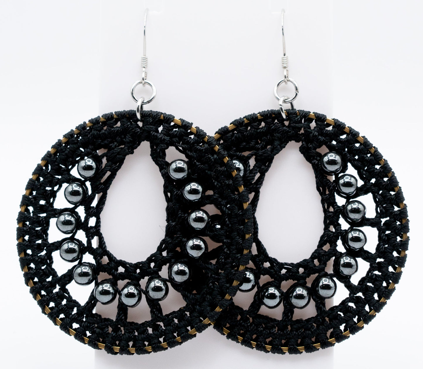 Black Macrame and Hematite Gemstone Hoops