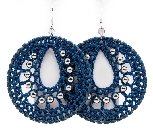 Navy Macrame and White Gold-filled Hoops