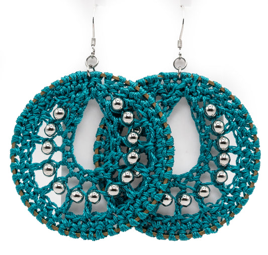 Teal Macrame and White Gold-filled Hoops