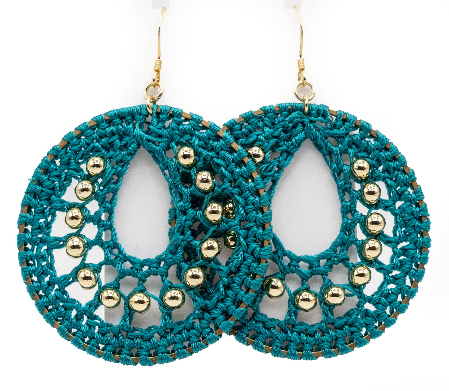 Teal Macrame and Yellow Gold-filled Hoops