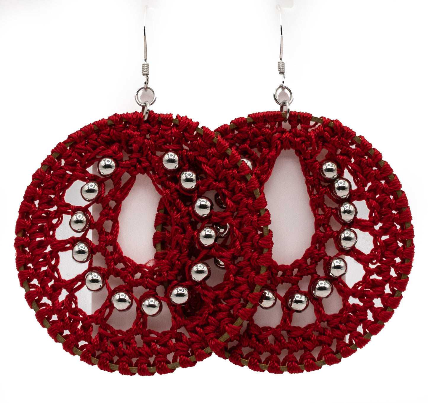 Red Macrame and White Gold-filled Hoops