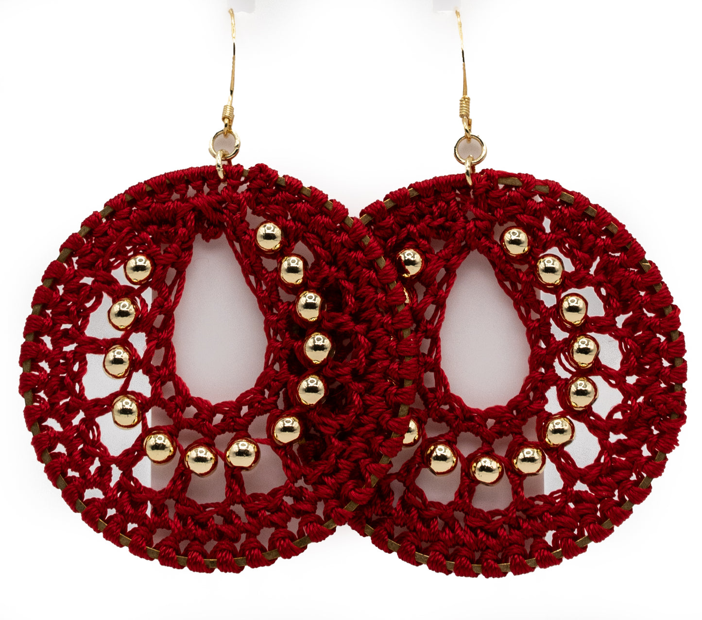 Red Macrame and Yellow Gold-filled Hoops