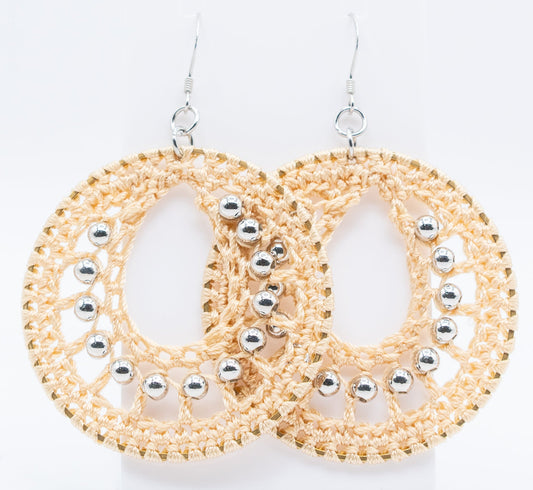 Tan Macrame and White Gold-filled Hoops