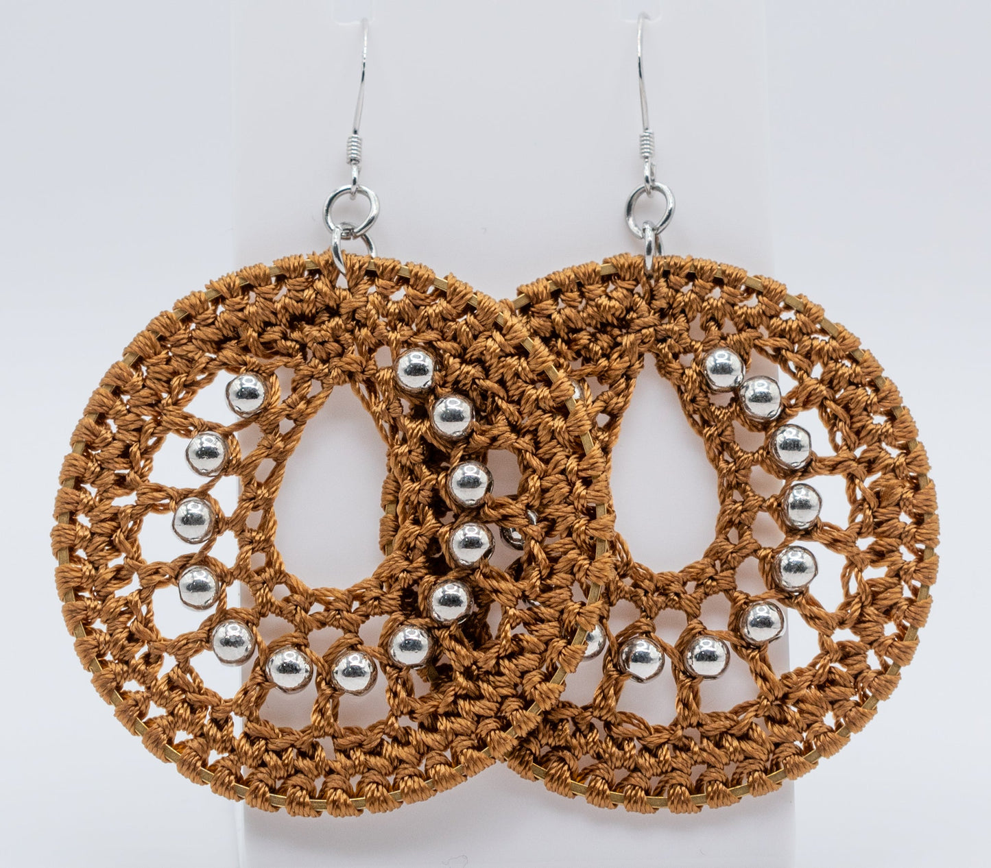 Brown Macrame and White Gold-filled Hoops