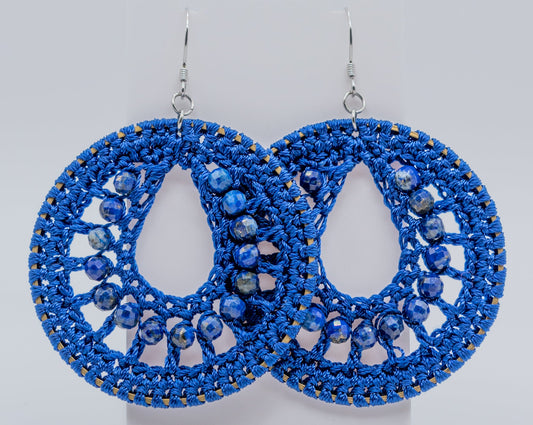 Cobalt Macrame and Lapis Gemstone Hoops