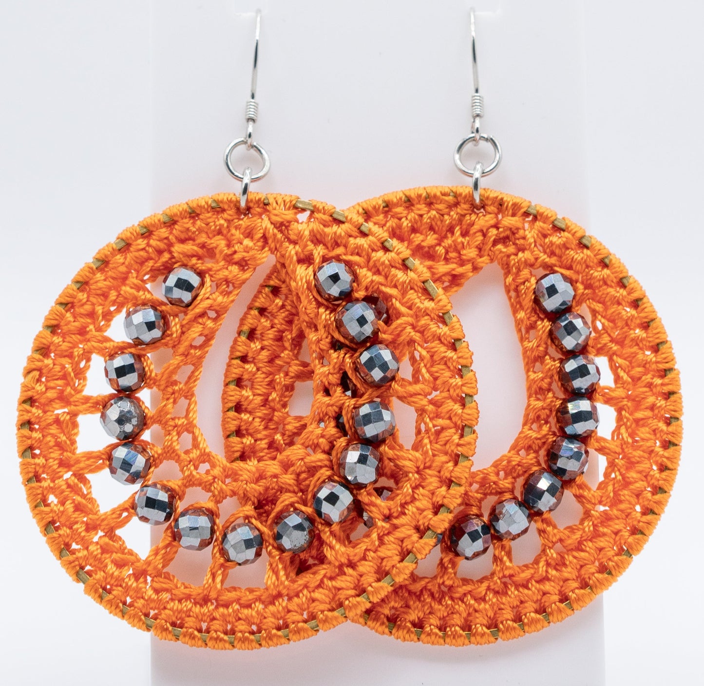 Orange Macrame and Titanium Gemstone Hoops