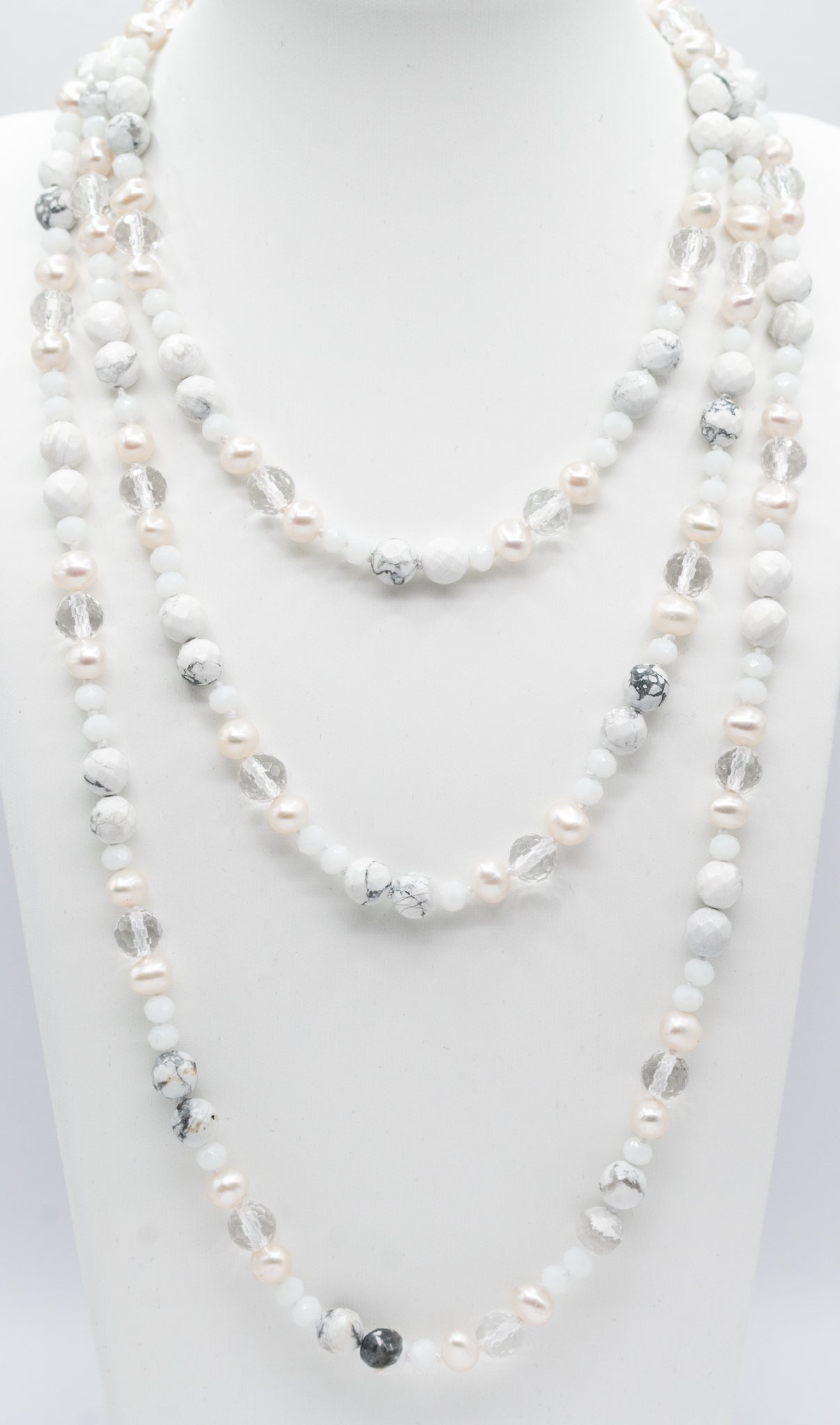 Mixed Howlite, Pearl, Clear Natural Crystal and Moonstone Necklace