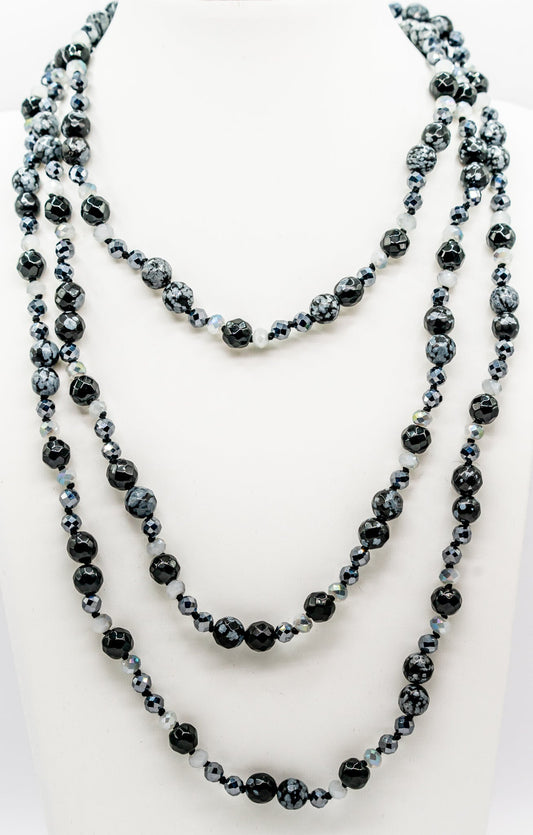 Mixed Snowflake Obsidian, Black Onyx, Titanium and Moonstone Necklace