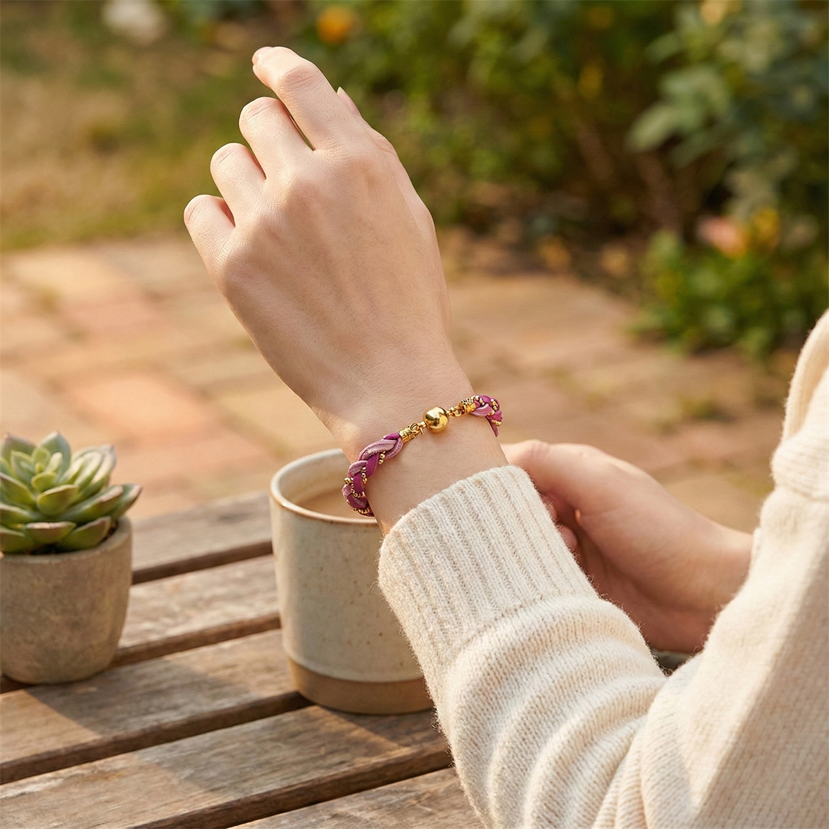 Person wearing a bracelet with a blurred outdoor background