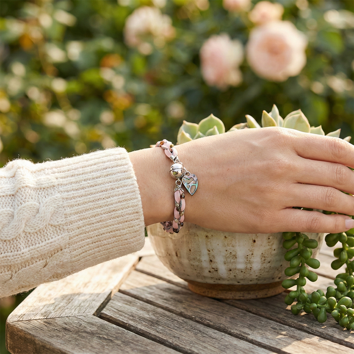 Hand wearing a bracelet with charms near a pot of succulents outdoors